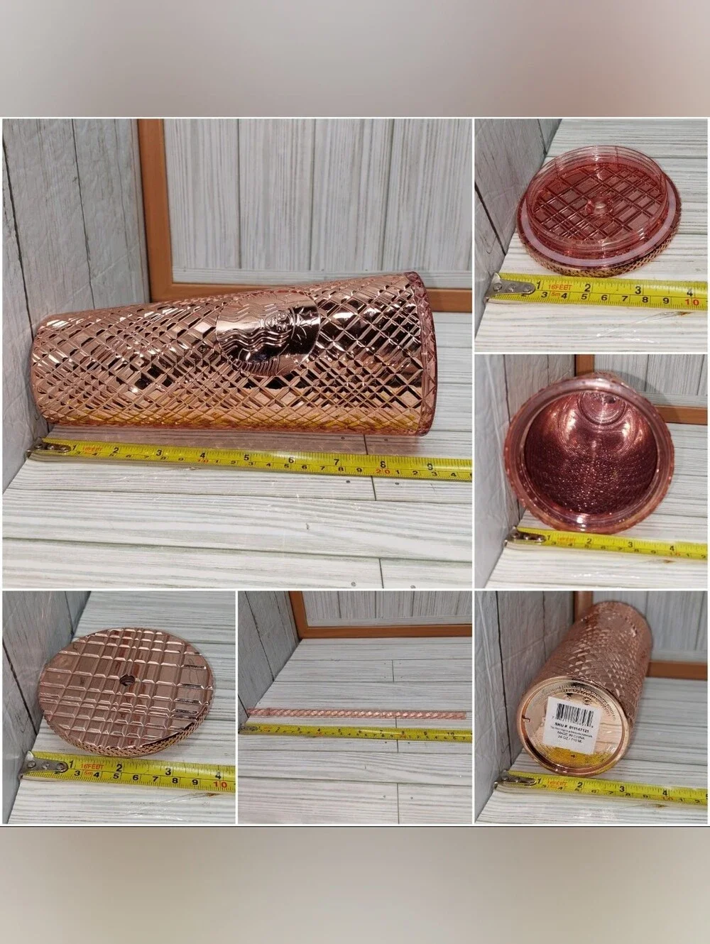 Starbucks 24oz Reflective Acrylic Rose Gold Diamond Textured Lid & Straw Tumbler